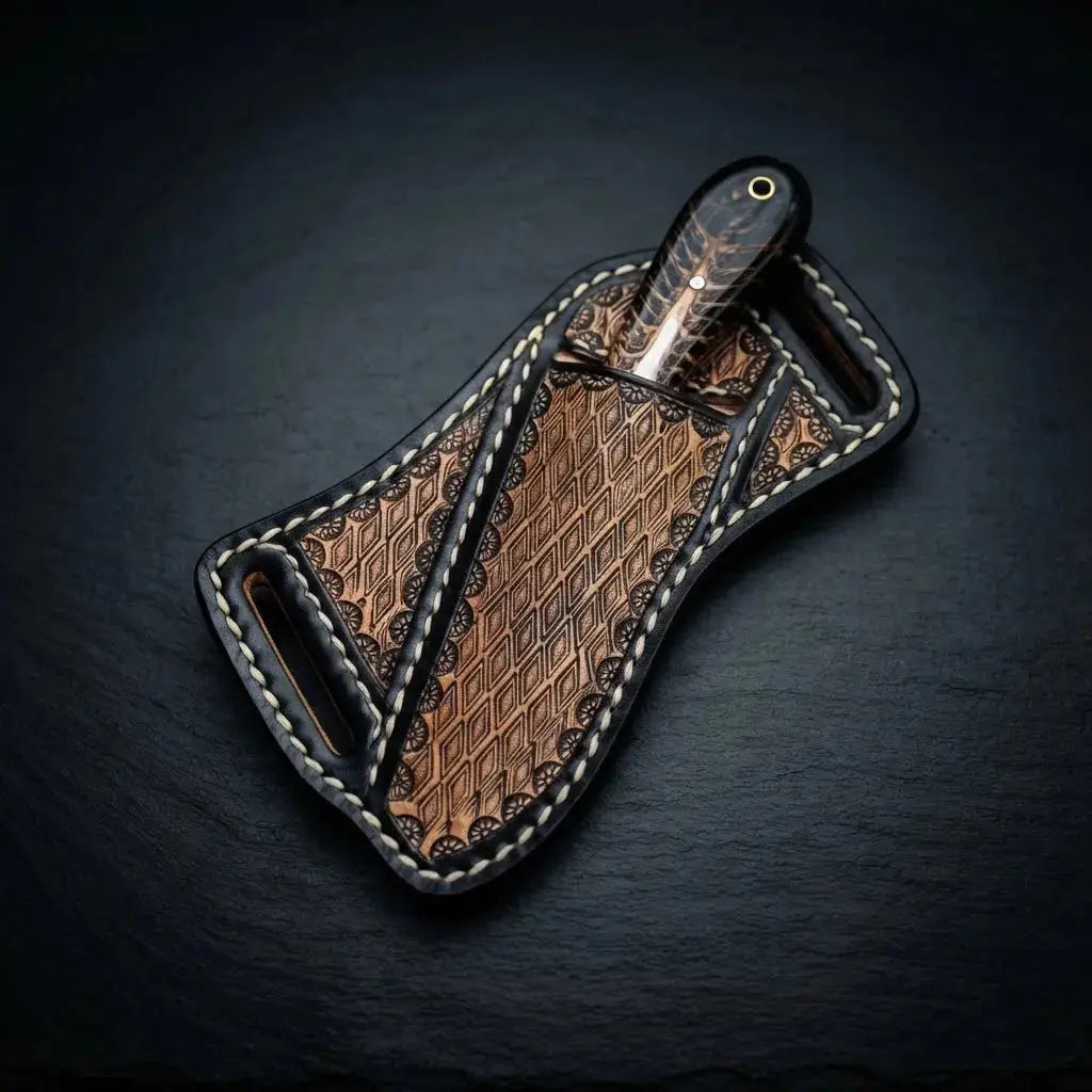 7 inch pinecone resin skinner knife with cross-draw hand-stitched leather sheath