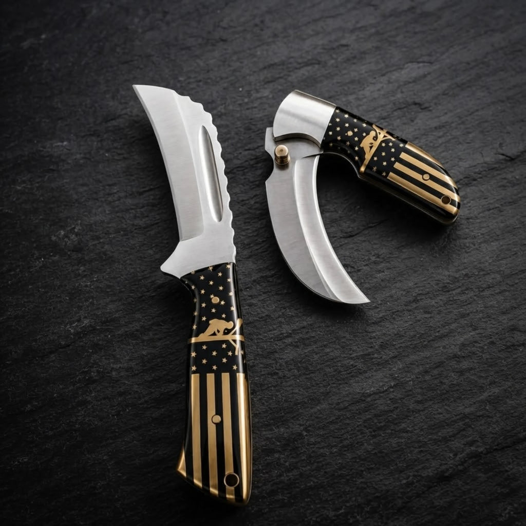 Hunting knife set with skinner and curved gutting blade – clip point skinner blade with fuller and spine serrations