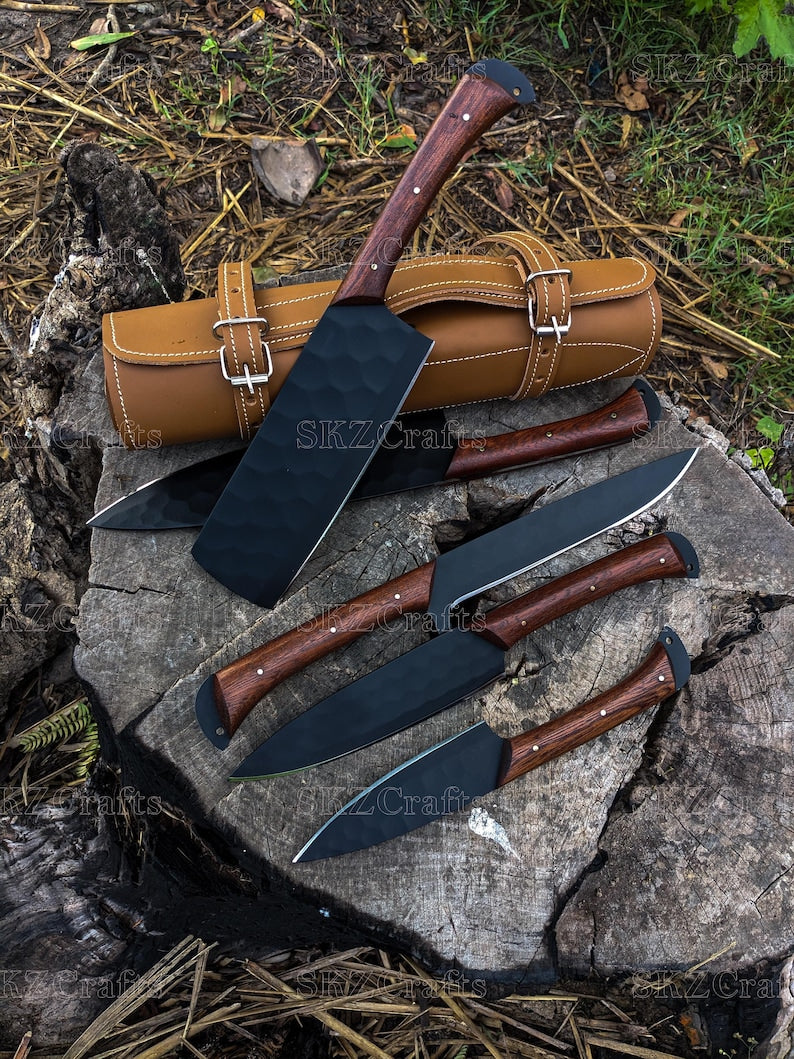 Handmade Chef Knife Set 5Pc Wooden Handle, Engraved Groomsmen Wedding Anniversary, Birthday, Thanksgiving Gifts For Him