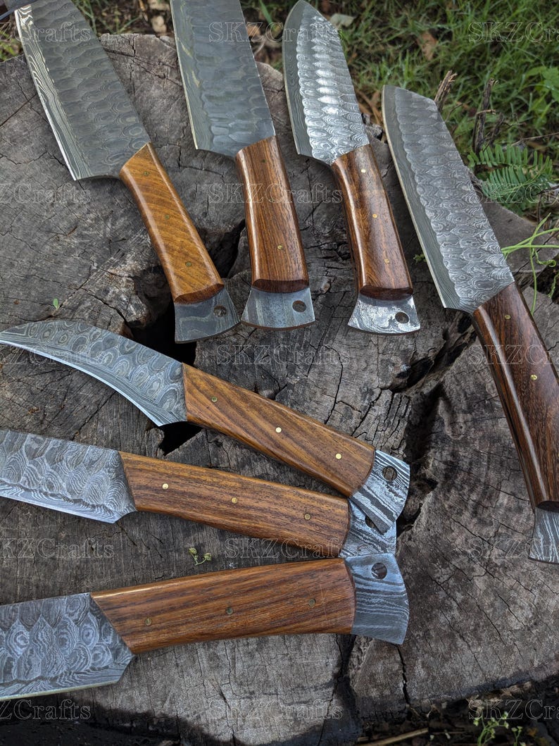 Custom Made Chef Knife with Cleaver, 8-Piece Kitchen Knife Set, Rosewood Handle, Personalized Wedding Anniversary Thanksgiving Gifts
