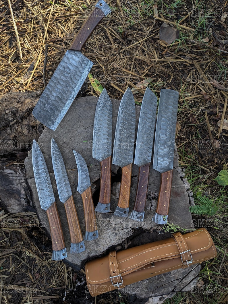 Custom Made Chef Knife with Cleaver, 8-Piece Kitchen Knife Set, Rosewood Handle, Personalized Wedding Anniversary Thanksgiving Gifts
