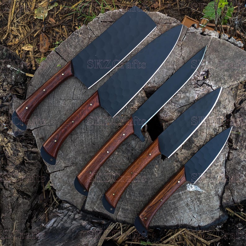 Handmade Chef Knife Set 5Pc Wooden Handle, Engraved Groomsmen Wedding Anniversary, Birthday, Thanksgiving Gifts For Him