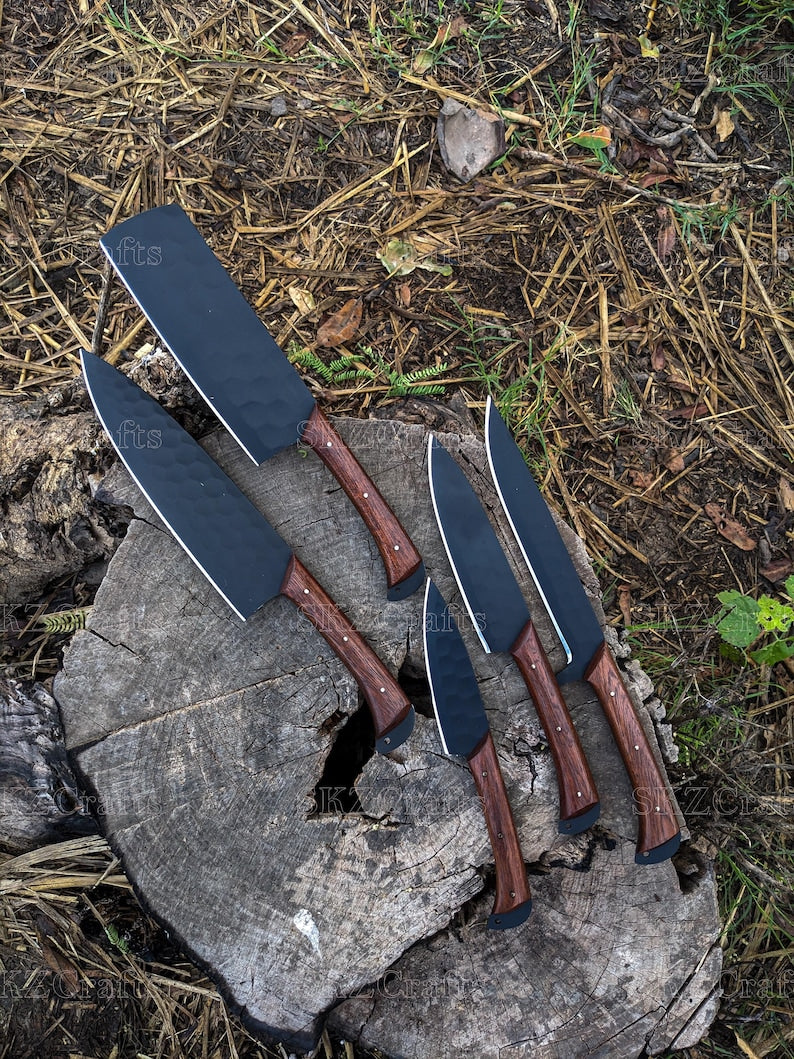 Handmade Chef Knife Set 5Pc Wooden Handle, Engraved Groomsmen Wedding Anniversary, Birthday, Thanksgiving Gifts For Him