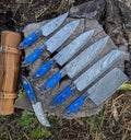 Hand Forged Damascus Steel Kitchen Knife Set, 7-Pcs Blue Pakka Wood Handle with Leather Sheath, Personalized Anniversary Thanksgiving Gifts