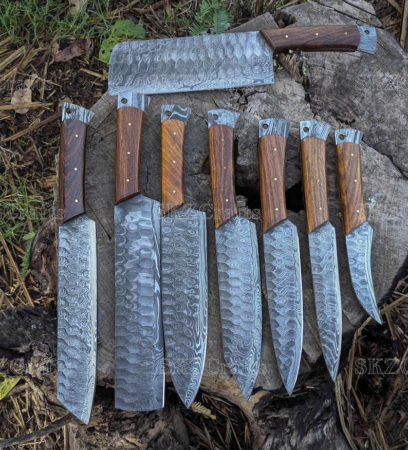 Custom Made Chef Knife with Cleaver, 8-Piece Kitchen Knife Set, Rosewood Handle, Personalized Wedding Anniversary Thanksgiving Gifts