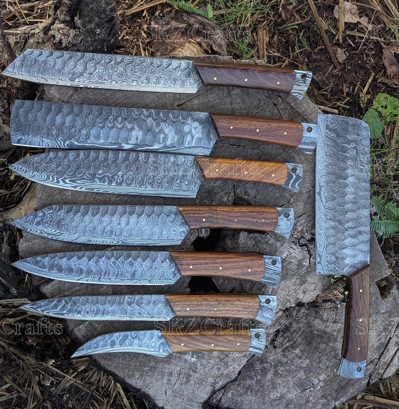 Custom Made Chef Knife with Cleaver, 8-Piece Kitchen Knife Set, Rosewood Handle, Personalized Wedding Anniversary Thanksgiving Gifts