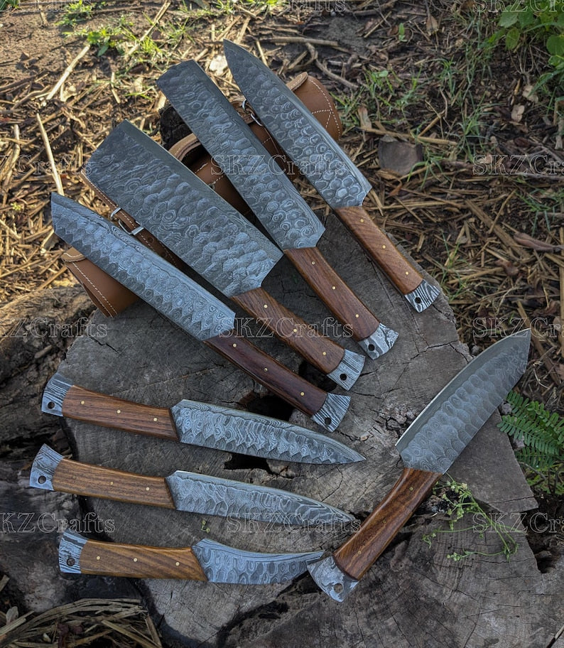 Custom Made Chef Knife with Cleaver, 8-Piece Kitchen Knife Set, Rosewood Handle, Personalized Wedding Anniversary Thanksgiving Gifts