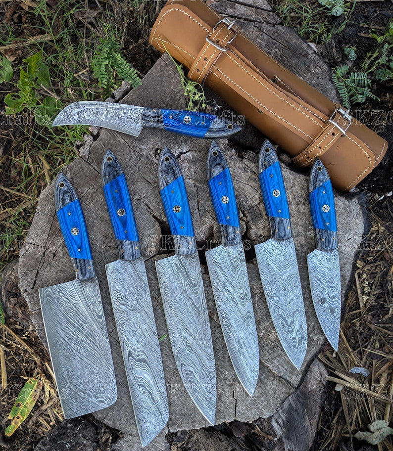 Hand Forged Damascus Steel Kitchen Knife Set, 7-Pcs Blue Pakka Wood Handle with Leather Sheath, Personalized Anniversary Thanksgiving Gifts