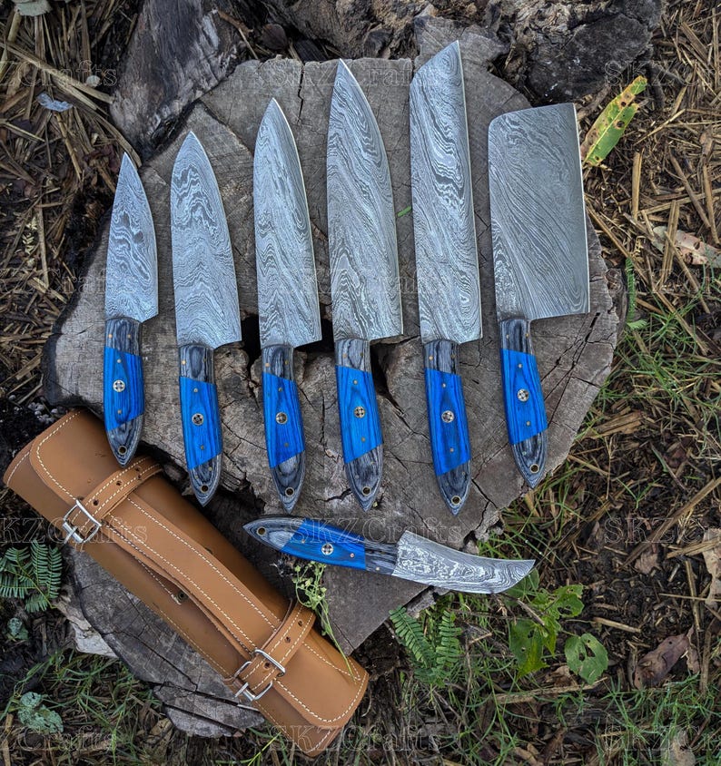Hand Forged Damascus Steel Kitchen Knife Set, 7-Pcs Blue Pakka Wood Handle with Leather Sheath, Personalized Anniversary Thanksgiving Gifts