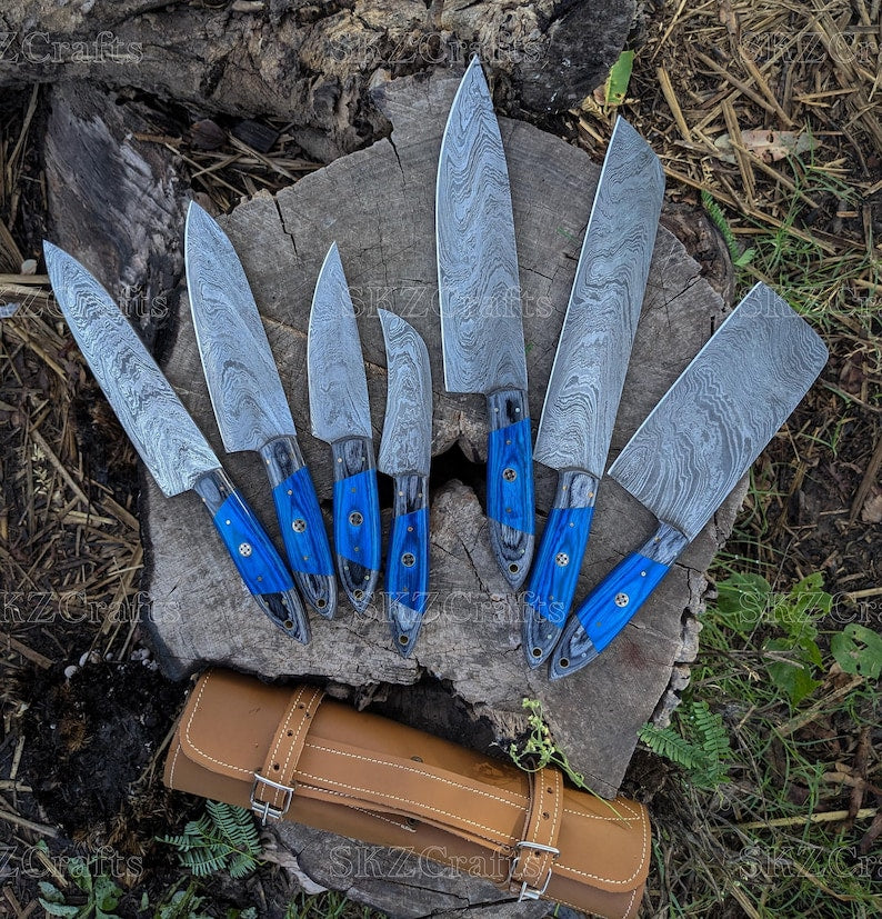 Hand Forged Damascus Steel Kitchen Knife Set, 7-Pcs Blue Pakka Wood Handle with Leather Sheath, Personalized Anniversary Thanksgiving Gifts