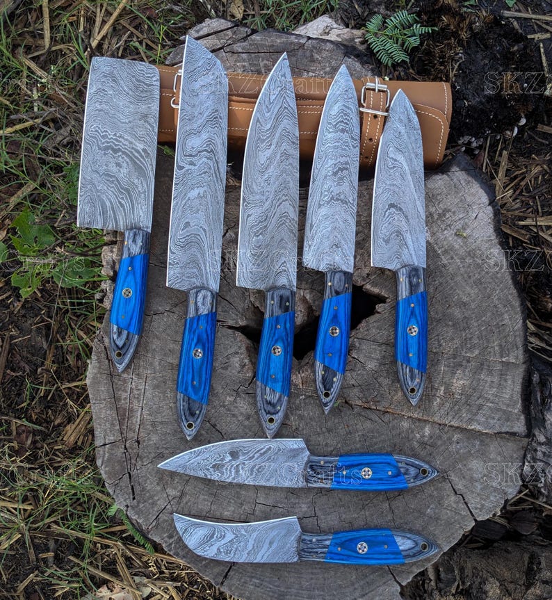 Hand Forged Damascus Steel Kitchen Knife Set, 7-Pcs Blue Pakka Wood Handle with Leather Sheath, Personalized Anniversary Thanksgiving Gifts