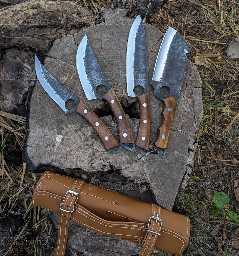 Hand Forged Chef Knife Set with Leather Roll, High Carbon Steel & Rose Wood Handles, Personalized Birthday Anniversary Thanksgiving Gifts