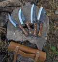 Hand Forged Chef Knife Set with Leather Roll, High Carbon Steel & Rose Wood Handles, Personalized Birthday Anniversary Thanksgiving Gifts
