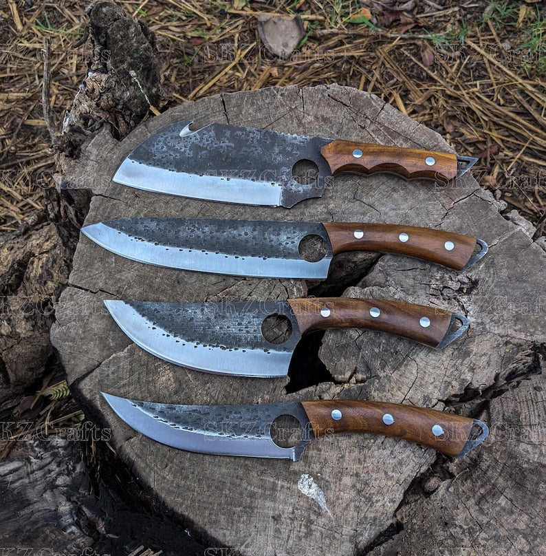Hand Forged Chef Knife Set with Leather Roll, High Carbon Steel & Rose Wood Handles, Personalized Birthday Anniversary Thanksgiving Gifts