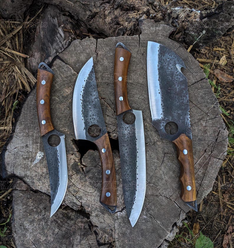 Hand Forged Chef Knife Set with Leather Roll, High Carbon Steel & Rose Wood Handles, Personalized Birthday Anniversary Thanksgiving Gifts
