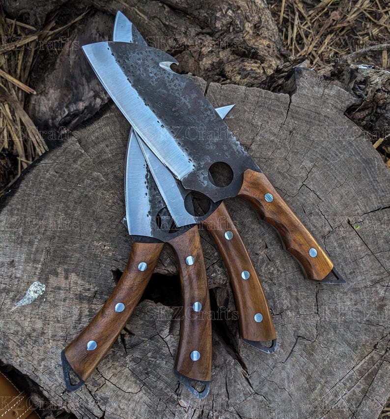 Hand Forged Chef Knife Set with Leather Roll, High Carbon Steel & Rose Wood Handles, Personalized Birthday Anniversary Thanksgiving Gifts