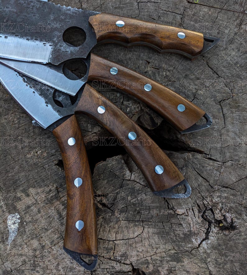 Hand Forged Chef Knife Set with Leather Roll, High Carbon Steel & Rose Wood Handles, Personalized Birthday Anniversary Thanksgiving Gifts