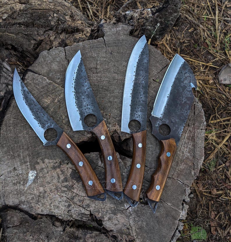 Hand Forged Chef Knife Set with Leather Roll, High Carbon Steel & Rose Wood Handles, Personalized Birthday Anniversary Thanksgiving Gifts