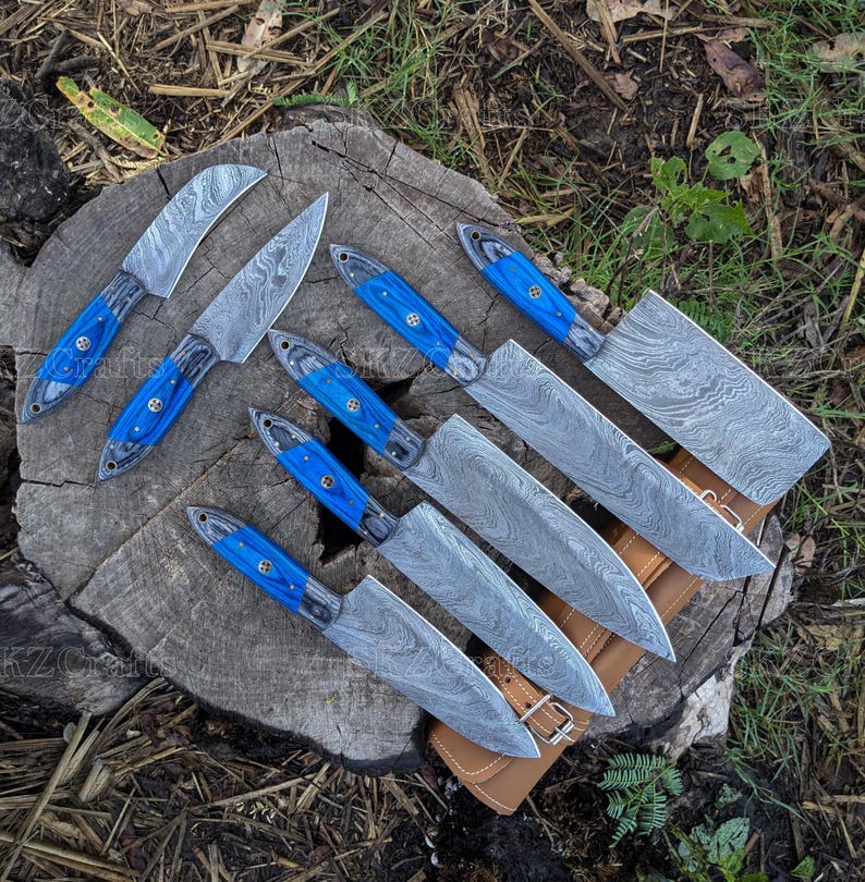 Hand Forged Damascus Steel Kitchen Knife Set, 7-Pcs Blue Pakka Wood Handle with Leather Sheath, Personalized Anniversary Thanksgiving Gifts