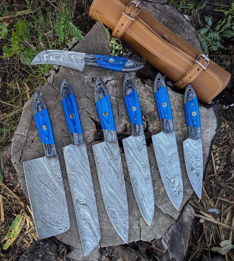 Hand Forged Damascus Steel Kitchen Knife Set, 7-Pcs Blue Pakka Wood Handle with Leather Sheath, Personalized Anniversary Thanksgiving Gifts