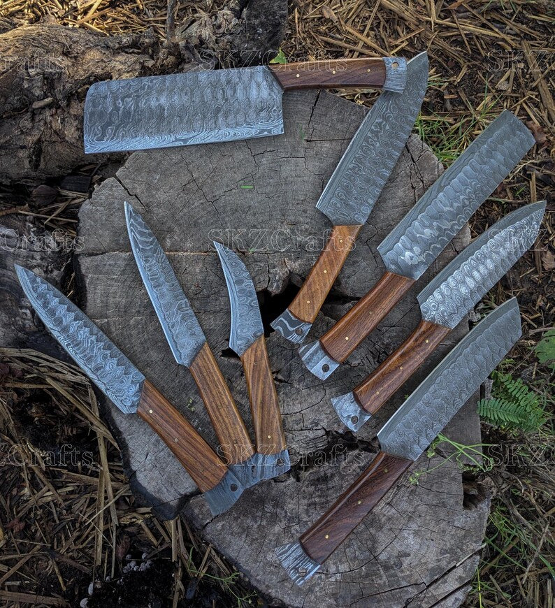 Custom Made Chef Knife with Cleaver, 8-Piece Kitchen Knife Set, Rosewood Handle, Personalized Wedding Anniversary Thanksgiving Gifts
