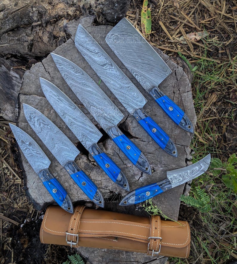 Hand Forged Damascus Steel Kitchen Knife Set, 7-Pcs Blue Pakka Wood Handle with Leather Sheath, Personalized Anniversary Thanksgiving Gifts