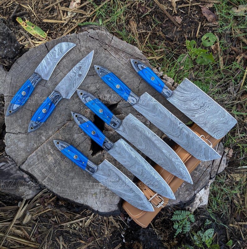 Hand Forged Damascus Steel Kitchen Knife Set, 7-Pcs Blue Pakka Wood Handle with Leather Sheath, Personalized Anniversary Thanksgiving Gifts