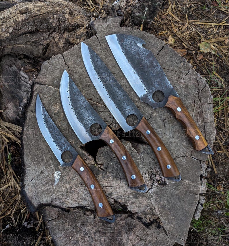 Hand Forged Chef Knife Set with Leather Roll, High Carbon Steel & Rose Wood Handles, Personalized Birthday Anniversary Thanksgiving Gifts