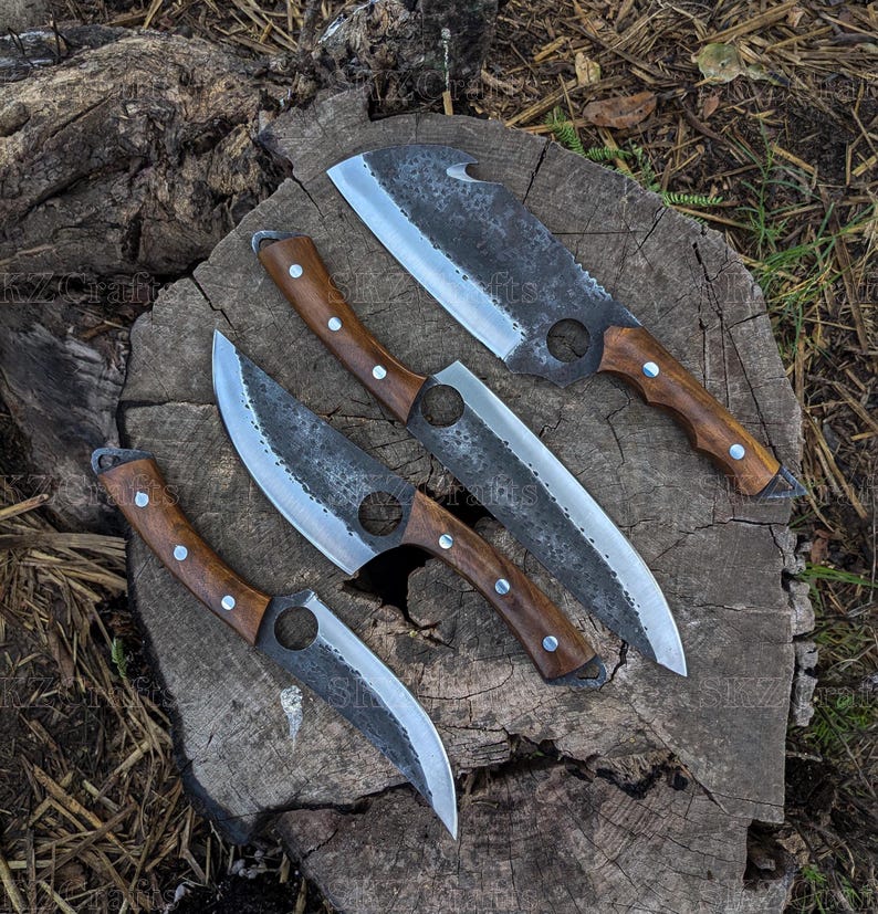 Hand Forged Chef Knife Set with Leather Roll, High Carbon Steel & Rose Wood Handles, Personalized Birthday Anniversary Thanksgiving Gifts