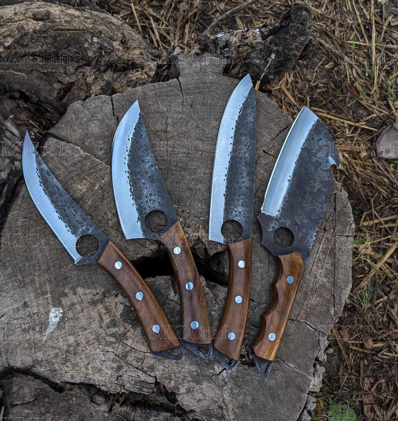 Hand Forged Chef Knife Set with Leather Roll, High Carbon Steel & Rose Wood Handles, Personalized Birthday Anniversary Thanksgiving Gifts