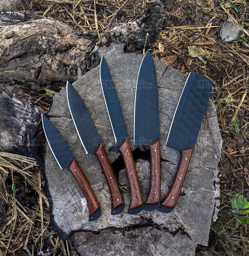 Handmade Chef Knife Set 5Pc Wooden Handle, Engraved Groomsmen Wedding Anniversary, Birthday, Thanksgiving Gifts For Him