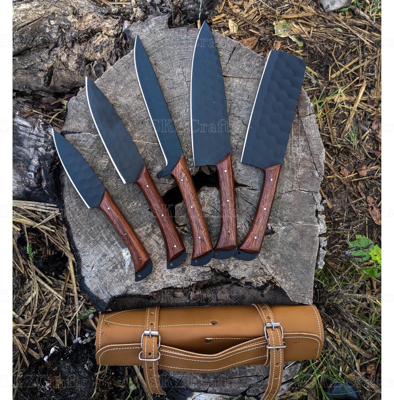 Handmade Chef Knife Set 5Pc Wooden Handle, Engraved Groomsmen Wedding Anniversary, Birthday, Thanksgiving Gifts For Him