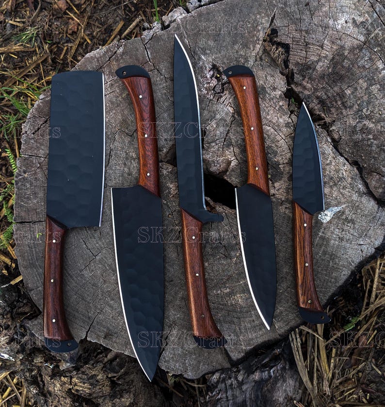 Handmade Chef Knife Set 5Pc Wooden Handle, Engraved Groomsmen Wedding Anniversary, Birthday, Thanksgiving Gifts For Him