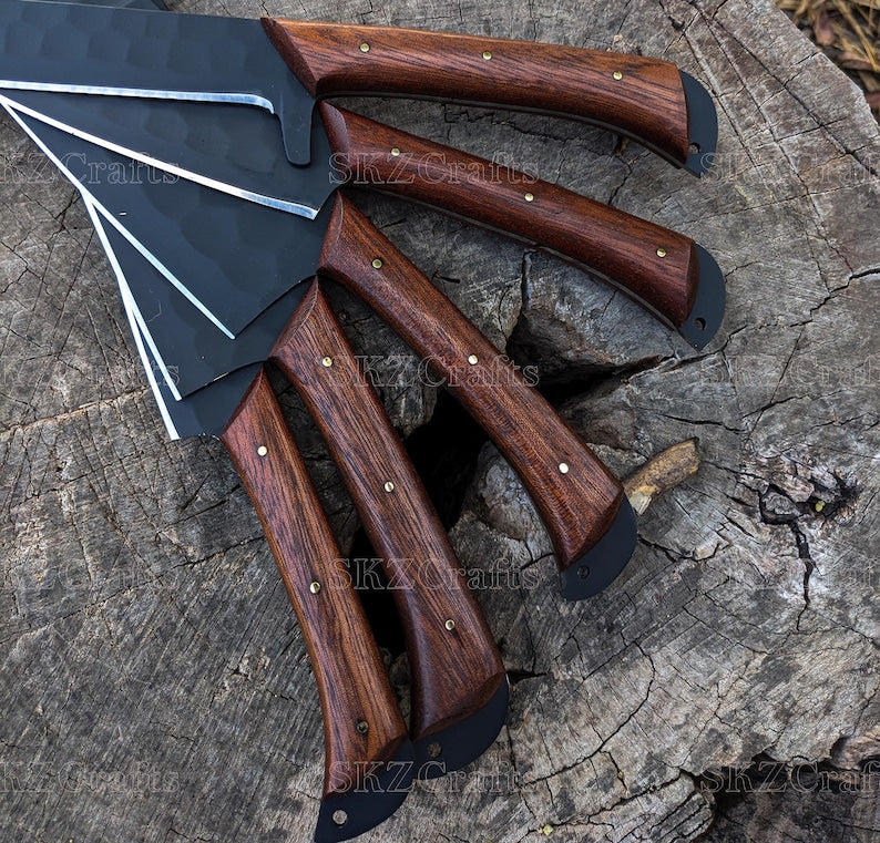 Handmade Chef Knife Set 5Pc Wooden Handle, Engraved Groomsmen Wedding Anniversary, Birthday, Thanksgiving Gifts For Him