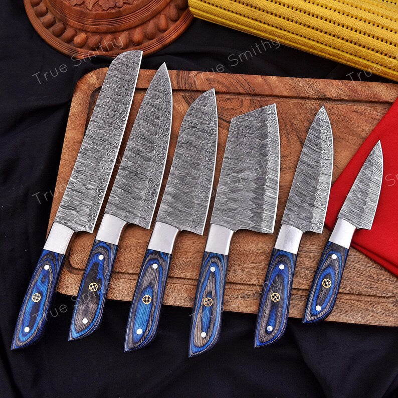 Damascus Steel Chef Knife Set | 6-Piece Blue Wood Handle Kitchen Collection
