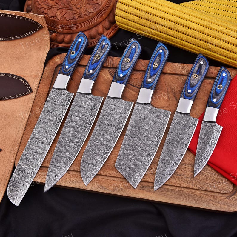 Damascus Steel Chef Knife Set | 6-Piece Blue Wood Handle Kitchen Collection