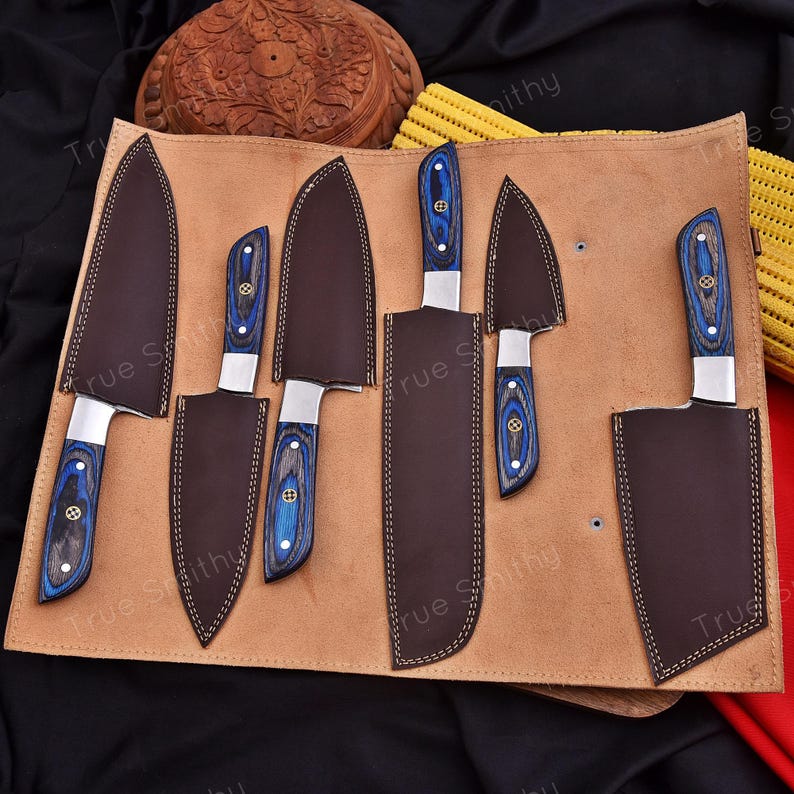 Damascus Steel Chef Knife Set | 6-Piece Blue Wood Handle Kitchen Collection
