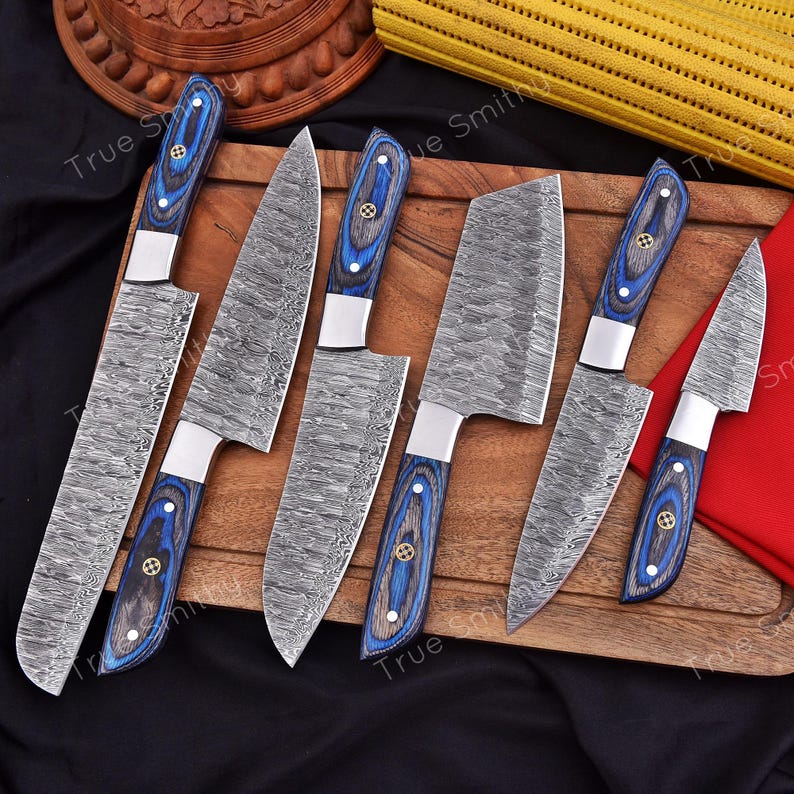 Damascus Steel Chef Knife Set | 6-Piece Blue Wood Handle Kitchen Collection