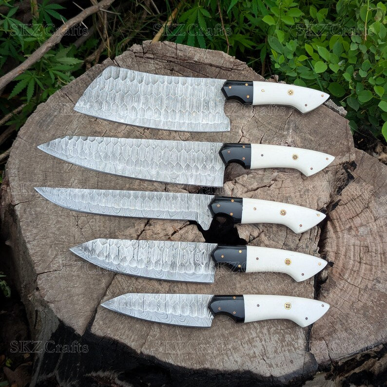 Handmade Chef Knives, White Resin Handle Damascus Steel Blade, Customized 5Pcs Set, Engraved Birthday, Groomsmen, Thanksgiving Gifts