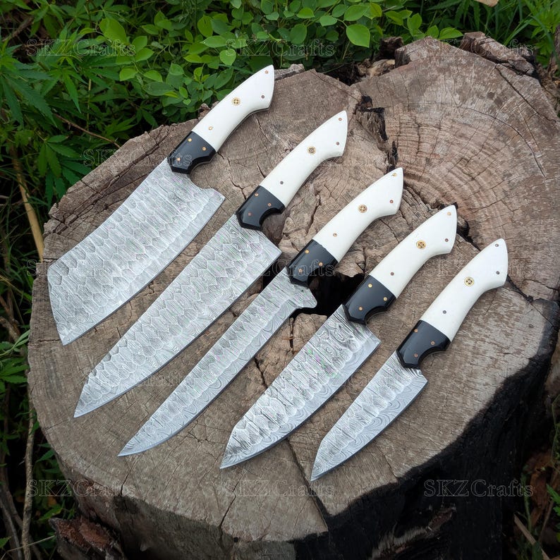 Handmade Chef Knives, White Resin Handle Damascus Steel Blade, Customized 5Pcs Set, Engraved Birthday, Groomsmen, Thanksgiving Gifts