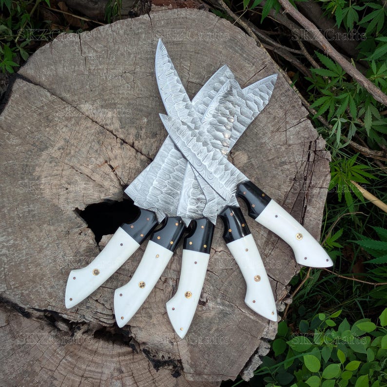 Handmade Chef Knives, White Resin Handle Damascus Steel Blade, Customized 5Pcs Set, Engraved Birthday, Groomsmen, Thanksgiving Gifts