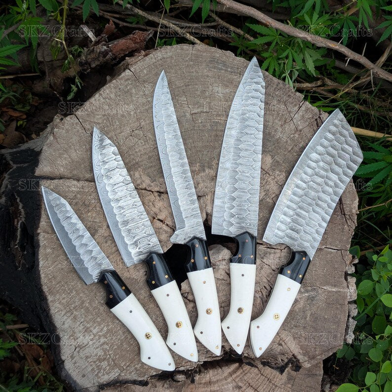 Handmade Chef Knives, White Resin Handle Damascus Steel Blade, Customized 5Pcs Set, Engraved Birthday, Groomsmen, Thanksgiving Gifts