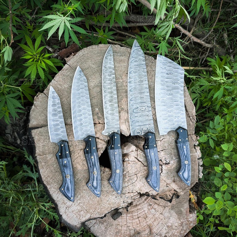 Handmade Damascus Steel Chef Knife Set 5Pcs, Custom Utility Blades, Engraved Anniversary Wedding Thanksgiving Gifts for Him/Her