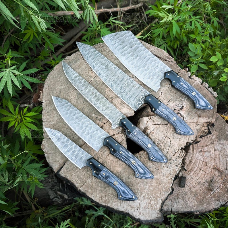 Handmade Damascus Steel Chef Knife Set 5Pcs, Custom Utility Blades, Engraved Anniversary Wedding Thanksgiving Gifts for Him/Her