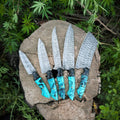 Handcrafted Damascus Steel Chef Knife Set, Teal Resin Handle Kitchen Cutlery, Personalized Anniversary, Thanksgiving Gifts