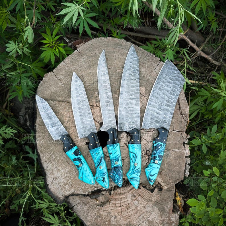 Handcrafted Damascus Steel Chef Knife Set, Teal Resin Handle Kitchen Cutlery, Personalized Anniversary, Thanksgiving Gifts
