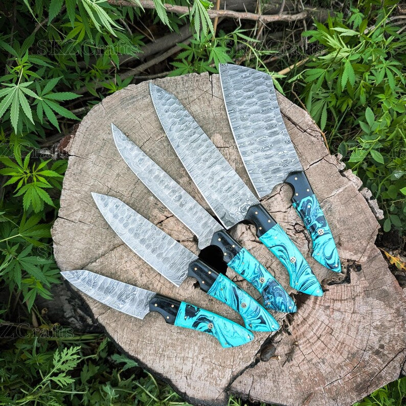 Handcrafted Damascus Steel Chef Knife Set, Teal Resin Handle Kitchen Cutlery, Personalized Anniversary, Thanksgiving Gifts