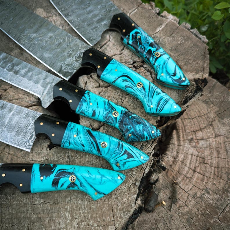 Handcrafted Damascus Steel Chef Knife Set, Teal Resin Handle Kitchen Cutlery, Personalized Anniversary, Thanksgiving Gifts
