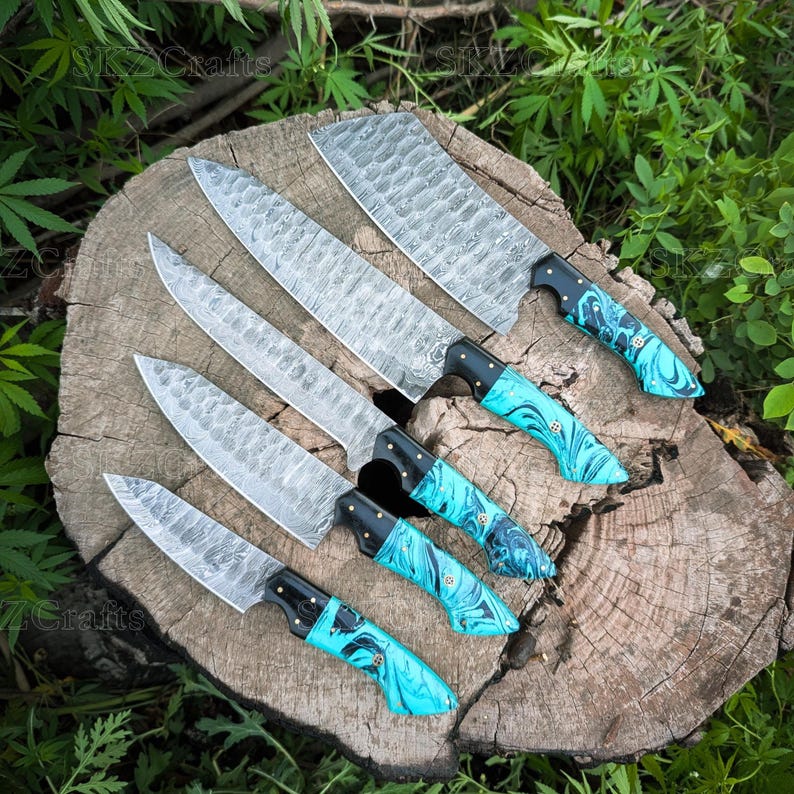 Handcrafted Damascus Steel Chef Knife Set, Teal Resin Handle Kitchen Cutlery, Personalized Anniversary, Thanksgiving Gifts
