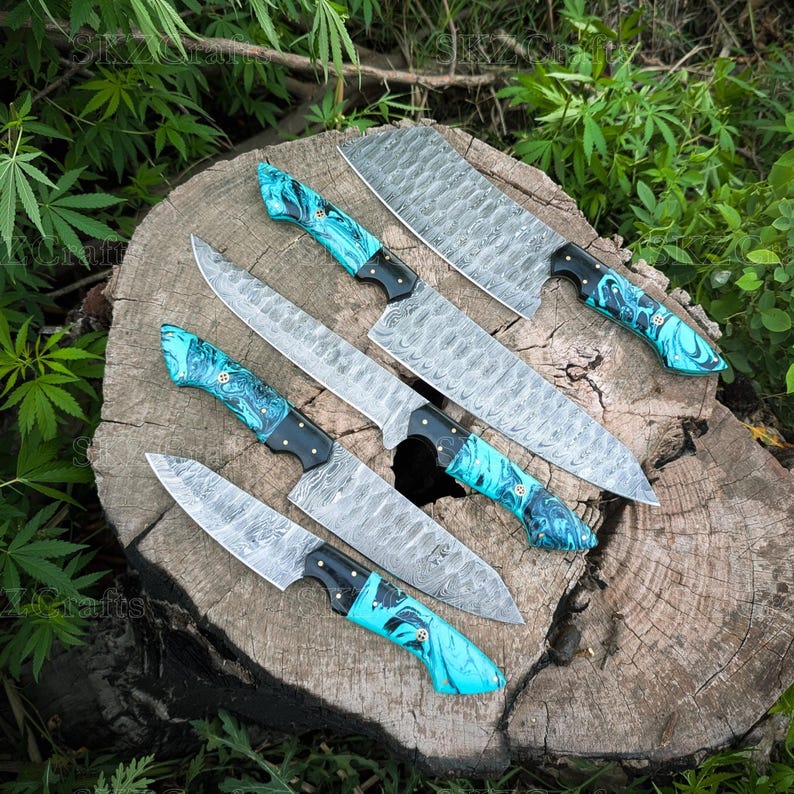 Handcrafted Damascus Steel Chef Knife Set, Teal Resin Handle Kitchen Cutlery, Personalized Anniversary, Thanksgiving Gifts